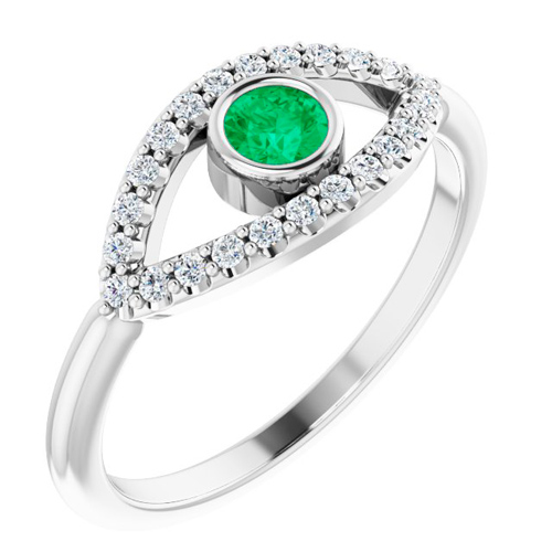 14k White Gold Emerald and White Sapphire Evil Eye Ring