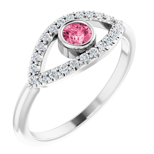 14k White Gold Pink Tourmaline and White Sapphire Evil Eye Ring