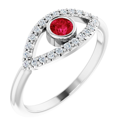 14k White Gold Ruby and White Sapphire Evil Eye Ring