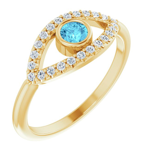 14k Yellow Gold Aquamarine and Yellow Sapphire Evil Eye Ring