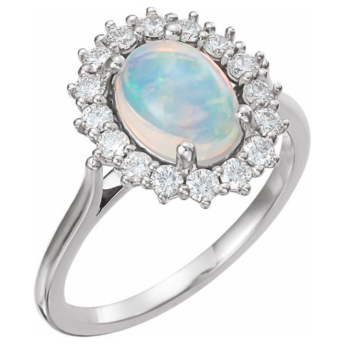 14k White Gold Halo White Ethiopian Opal Ring with Diamonds