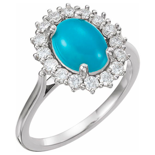 14k White Gold Halo Turquoise Ring with Diamonds