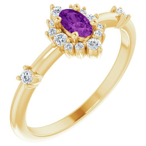 14k Yellow Gold 1/5 ct Oval Amethyst and Diamond Halo Ring
