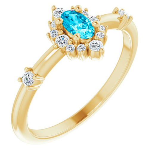 14k Yellow Gold 1/5 ct Oval Aquamarine and Diamond Halo Ring