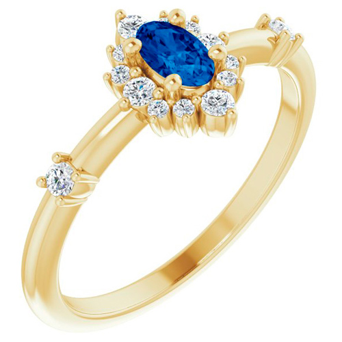 14k Yellow Gold 1/3 ct Oval Blue Sapphire and Diamond Halo Ring