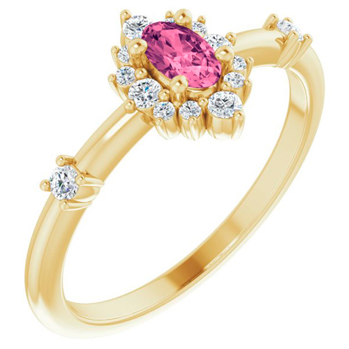 14k Yellow Gold 1/4 ct Oval Pink Tourmaline and Diamond Halo Ring