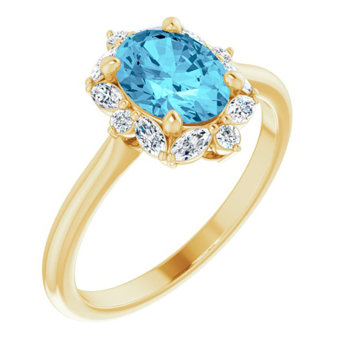 14k Yellow Gold 1.15 ct Oval Aquamarine Halo Ring with 1/3 ct Diamonds