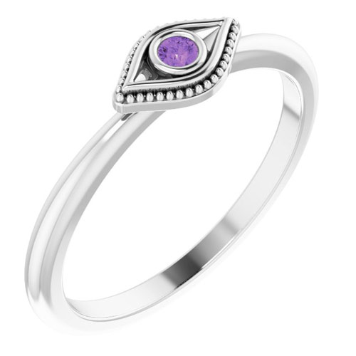 14k White Gold Stackable Amethyst Evil Eye Ring
