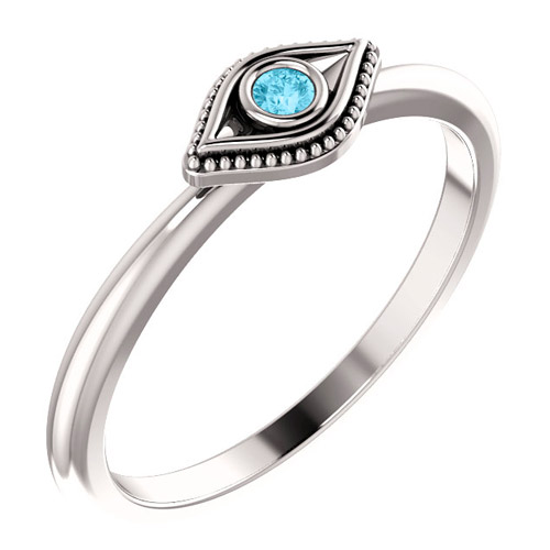 14k White Gold Stackable Aquamarine Evil Eye Ring