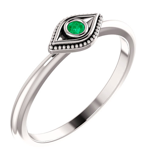 14k White Gold Stackable Emerald Evil Eye Ring