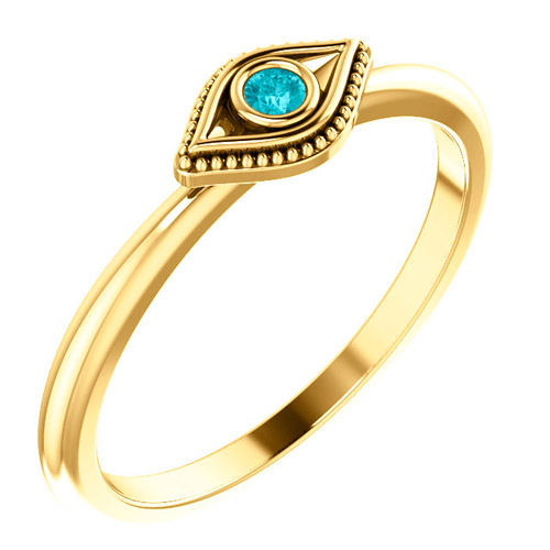 14k Yellow Gold Stackable Blue Zircon Evil Eye Ring