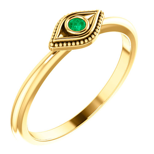 14k Yellow Gold Stackable Emerald Evil Eye Ring