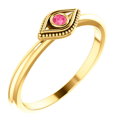 14k Yellow Gold Stackable Pink Tourmaline Evil Eye Ring