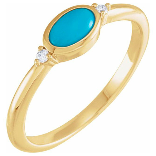 14k Yellow Gold 6mm x 4mm Oval Turquoise Ring with Diamonds