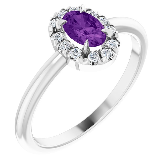 14k White Gold Oval Amethyst and Diamond French-set Halo Ring
