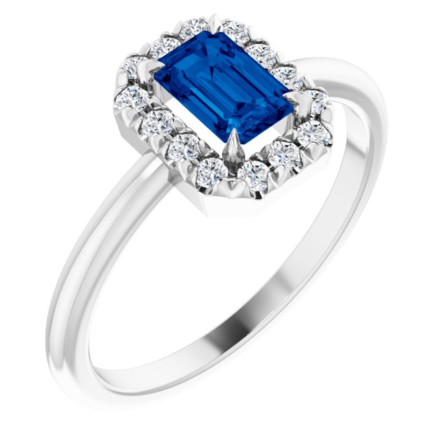 14k White Gold Emerald-cut Blue Sapphire and Diamond French-set Halo Ring