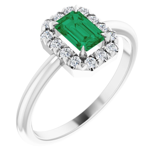 14k White Gold Emerald and Diamond French-set Halo Ring