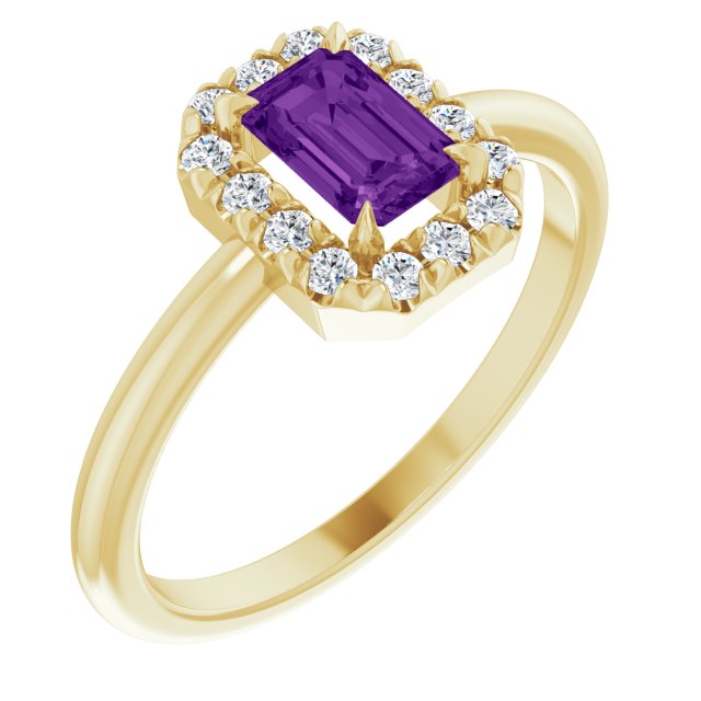 14k Yellow Gold Emerald-cut Amethyst and Diamond French-set Halo Ring