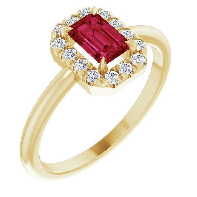 14k Yellow Gold Emerald-cut Ruby and Diamond French-set Halo Ring
