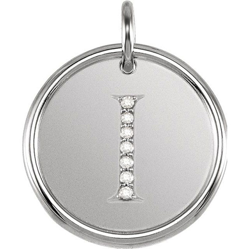Sterling Silver Letter I Round Pendant with Diamonds
