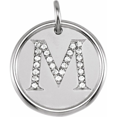 Sterling Silver Letter M Round Pendant with Diamonds