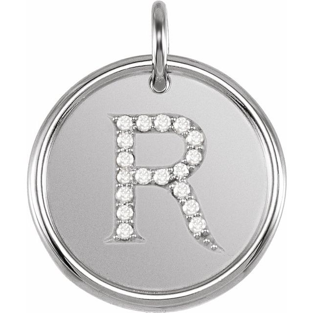 Sterling Silver Letter R Round Pendant with Diamonds