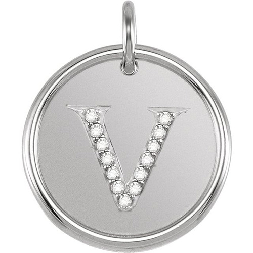 Sterling Silver Letter V Round Pendant with Diamonds