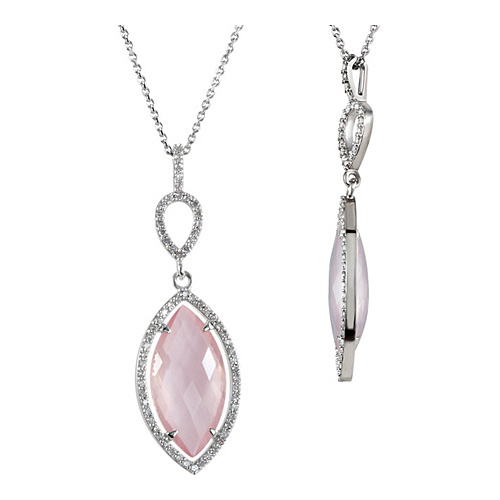 Sterling Silver Marquise Rose Quartz and Diamond Necklace