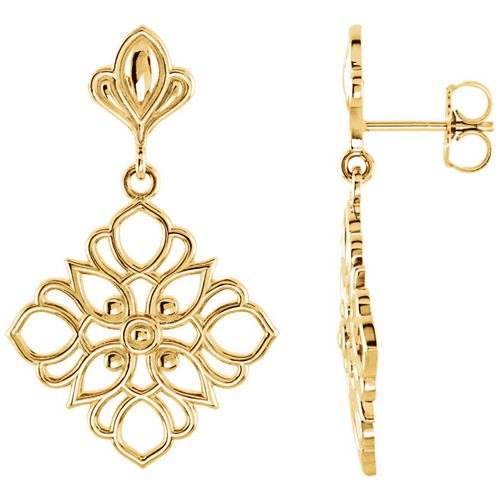 14kt Yellow Gold 1in Deco Flower Dangle Earrings