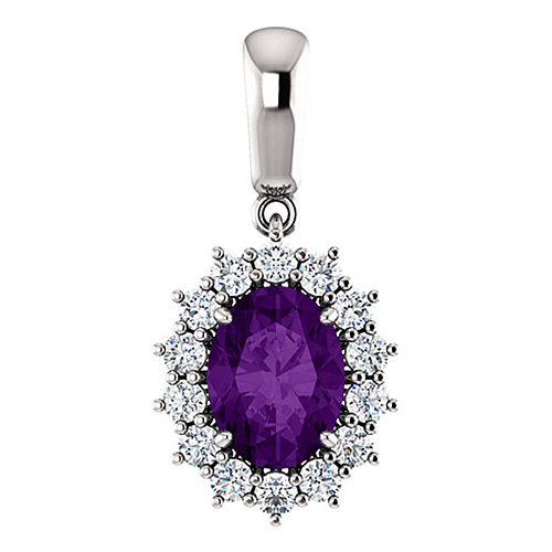 14kt White Gold 1.2 ct Oval Amethyst Halo Pendant with 1/3 ct Diamonds