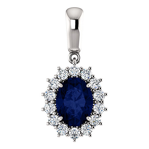 14k White Gold 1.75 ct Oval Created Sapphire Diamond Halo Pendant