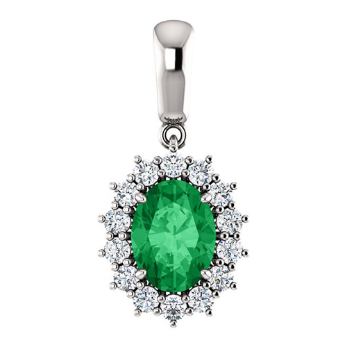 14k White Gold 1.15 ct Oval Created Emerald Halo Pendant with Diamonds