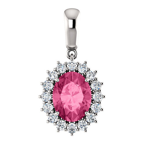 14k White Gold 1.35 ct Oval Pink Tourmaline Halo Pendant with Diamonds