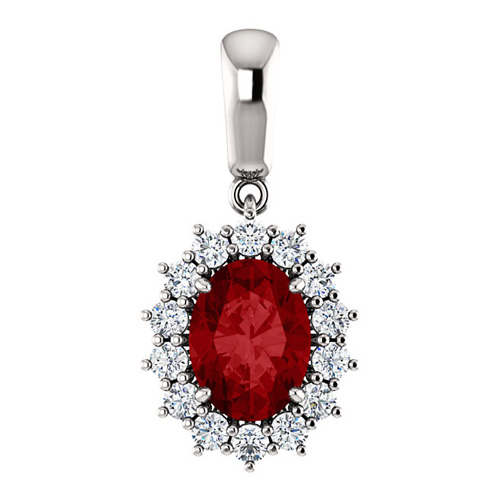 14k White Gold 1.75 ct Oval Created Ruby Diamond Halo Pendant