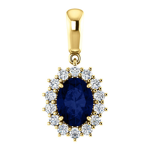 14k Yellow Gold 1.75 ct Oval Created Sapphire Diamond Halo Pendant
