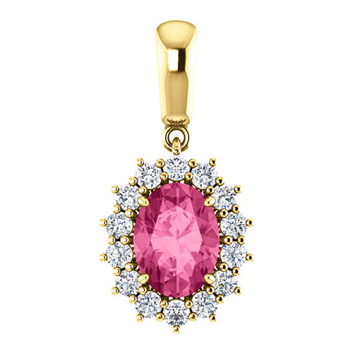 14k Yellow Gold 1.35 ct Oval Pink Tourmaline Diamond Halo Pendant