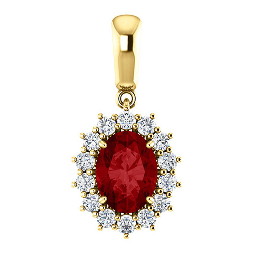 14k Yellow Gold 1.75 ct Oval Created Ruby Diamond Halo Pendant