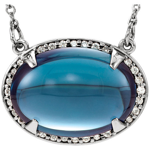 14k White Gold 9 ct Oval London Blue Topaz & Diamonds 16.5in Necklace