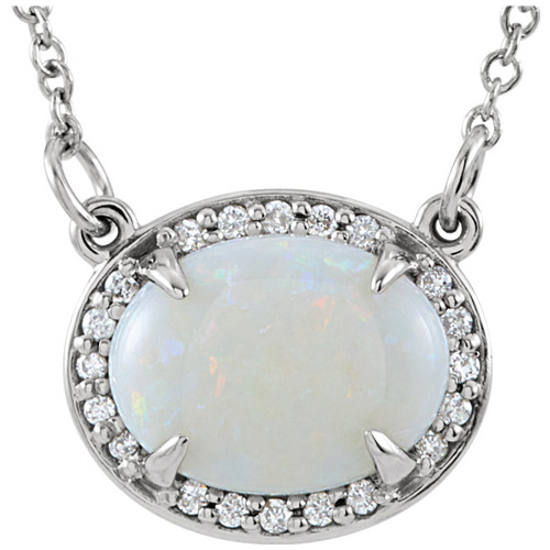 14kt White Gold 1.1 ct Oval Opal & Diamonds 16in Necklace