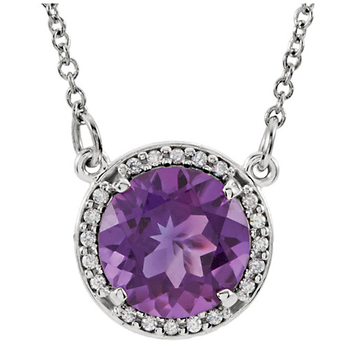14kt White Gold 1.75 ct Amethyst Halo Necklace with 1/20 ct Diamonds