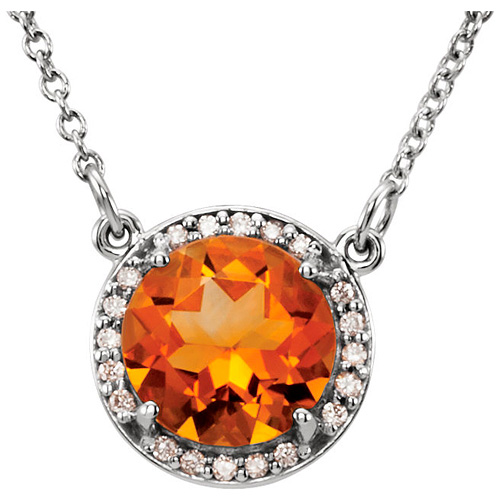 14kt White Gold 1.75 ct Citrine Halo Necklace with 1/20 ct Diamonds