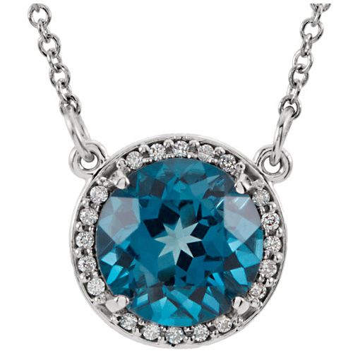 14kt White Gold 2.4 ct London Blue Topaz Halo Necklace with Diamonds