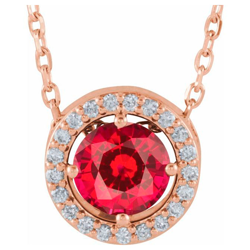 14k Rose Gold .65 ct Created Ruby and Natural Diamond Halo-Style Necklace