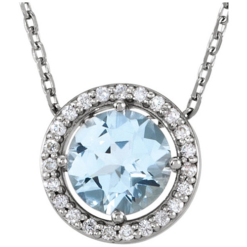 14kt White Gold 3/4 ct Aquamarine and Diamonds 16in Halo Necklace