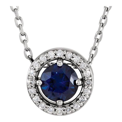 14k White Gold .70 ct Created Blue Sapphire and Natural Diamond Halo Necklace