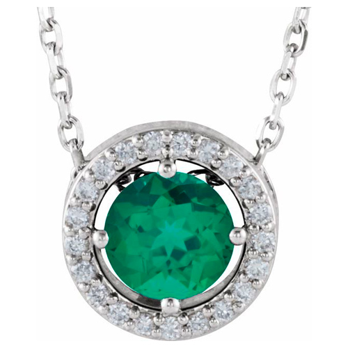 14k White Gold .50 ct Created Emerald and Natural Diamond Halo Necklace