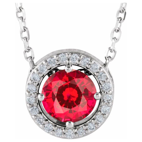 14k White Gold .65 ct Created Ruby and Natural Diamond Halo-Style Necklace