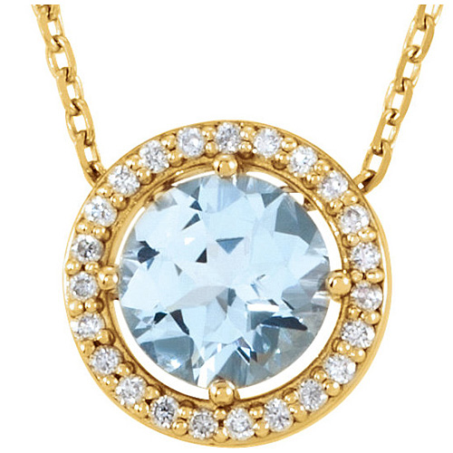 14kt Yellow Gold 3/4 ct Aquamarine and Diamonds 16in Halo Necklace