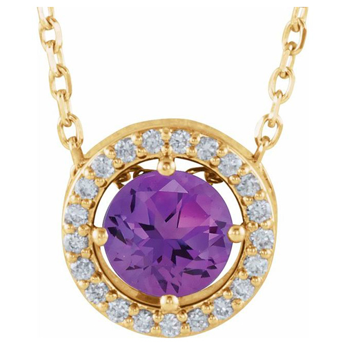 14k Yellow Gold .50 ct Amethyst and Natural Diamond Halo Necklace