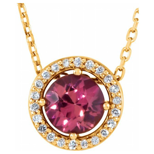 14k Yellow Gold .55 ct Pink Tourmaline and Natural Diamond Halo Necklace